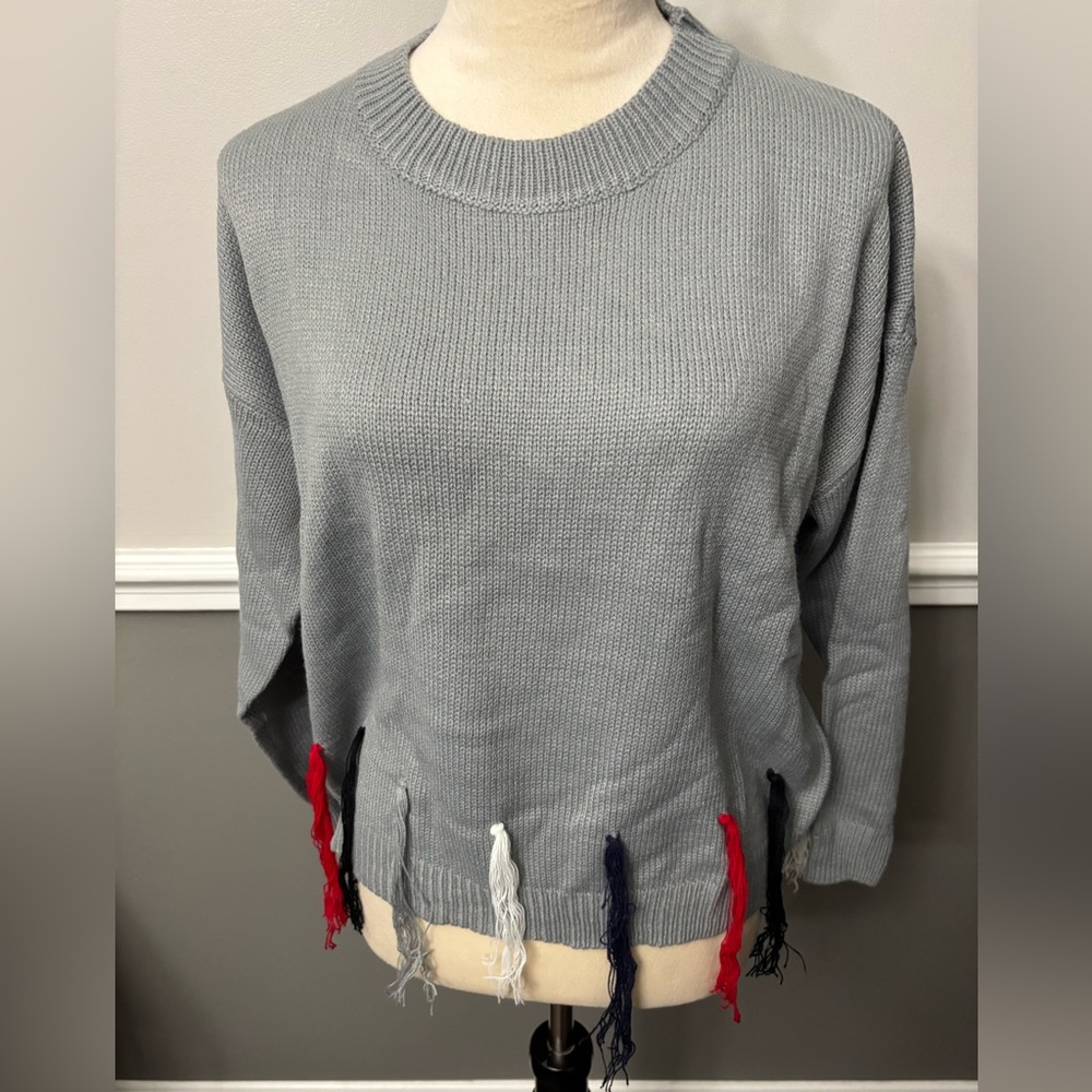 a Shappe LA Gray Sweater with Fringe Detail